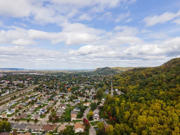 Aerial Shot Village Houses Buildings Surrounded Autumn Trees Crosse Wisconsin — Stock Photo, Image
