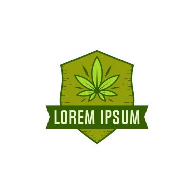Esrar logo vektörü. Logos'ta marihuana etiketleri. Tıbbi esrar retro logosu. Esrar yaprak amblemi.