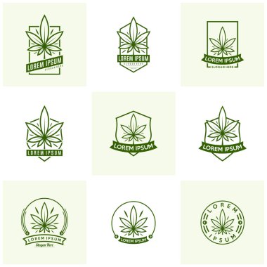 Esrar logo vektörü seti. Logos'ta marihuana etiketleri. Tıbbi esrar retro logosu. Esrar yaprak amblemi.