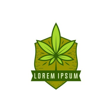 Esrar logo vektörü. Logos'ta marihuana etiketleri. Tıbbi esrar retro logosu. Esrar yaprak amblemi.