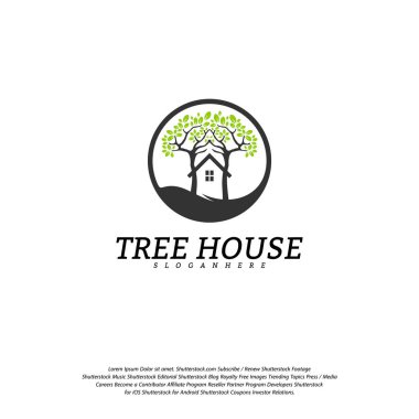 Tree House logo vektör şablonu. Yaprak Ev logosu