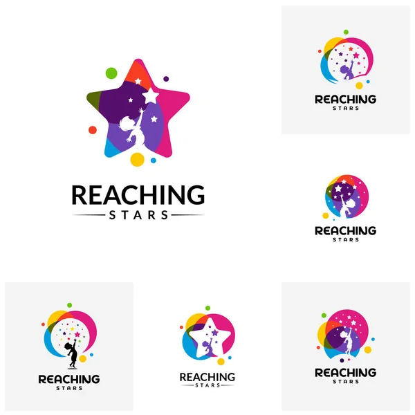 Reaching Stars Logo Tasarım Şablonu kümesi. Rüya yıldız logosu. Amblem, Renkli, Yaratıcı Sembol, Simge