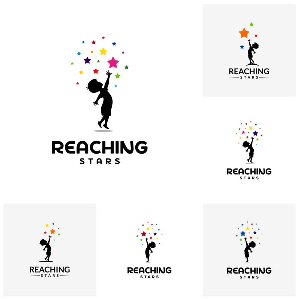 Reaching Stars Logo Tasarım Şablonu kümesi. Rüya yıldız logosu. Amblem, Renkli, Yaratıcı Sembol, Simge
