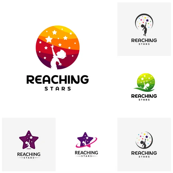 Reaching Stars Logo Tasarım Şablonu kümesi. Rüya yıldız logosu. Amblem, Renkli, Yaratıcı Sembol, Simge