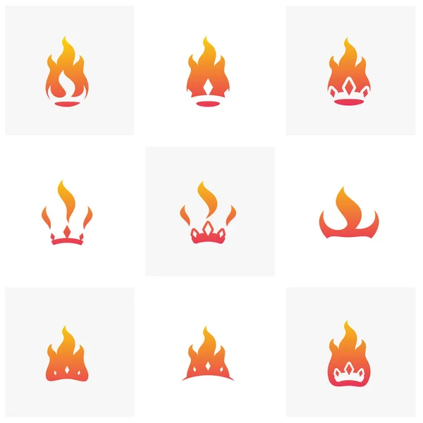 Sada návrhů loga ohnivé koruny. Šablona loga korunka plamene. Korunní vektor. Logo-oheň — Stockový vektor