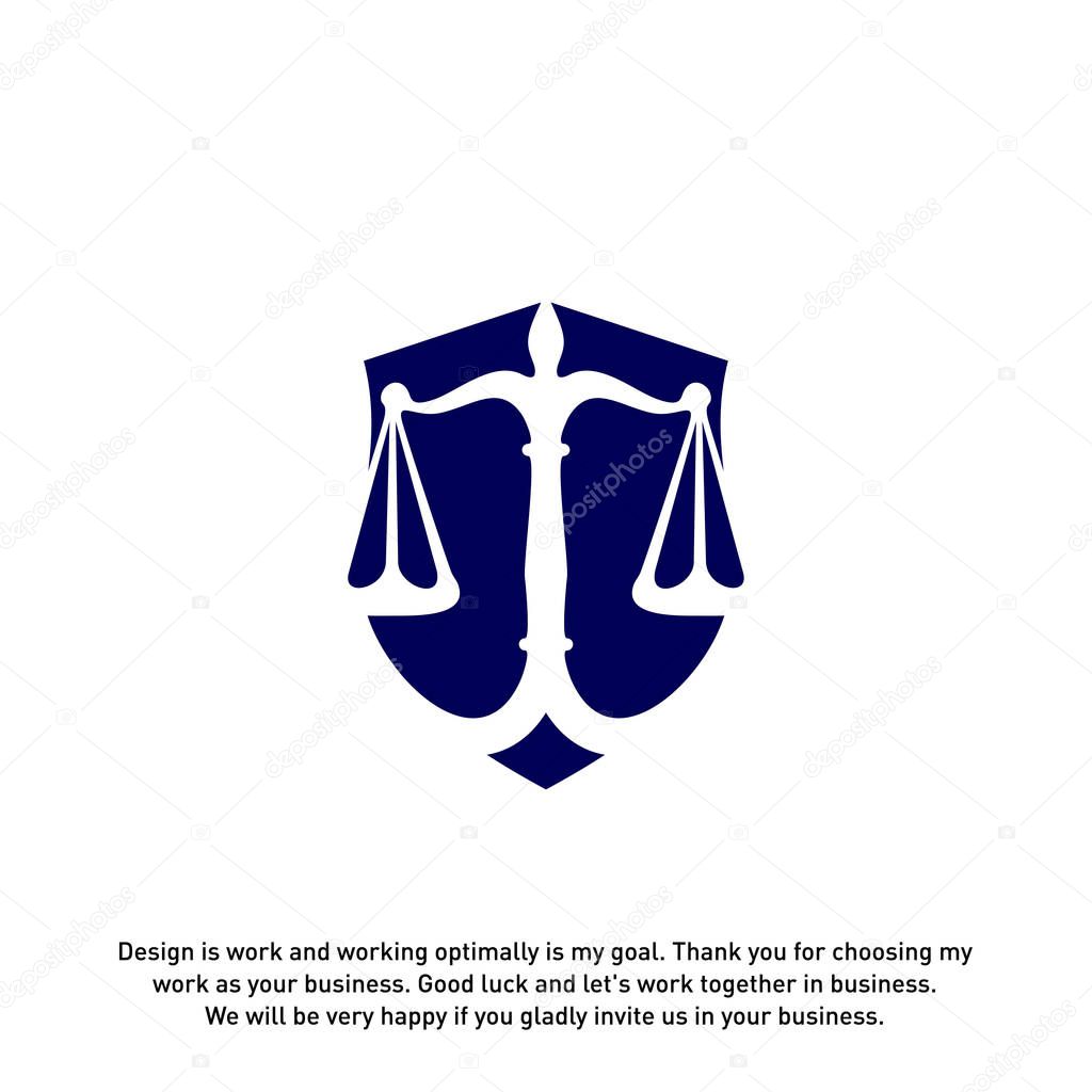 Law office logo in the form of shield with greece column and scales. The judge, Law firm Vector