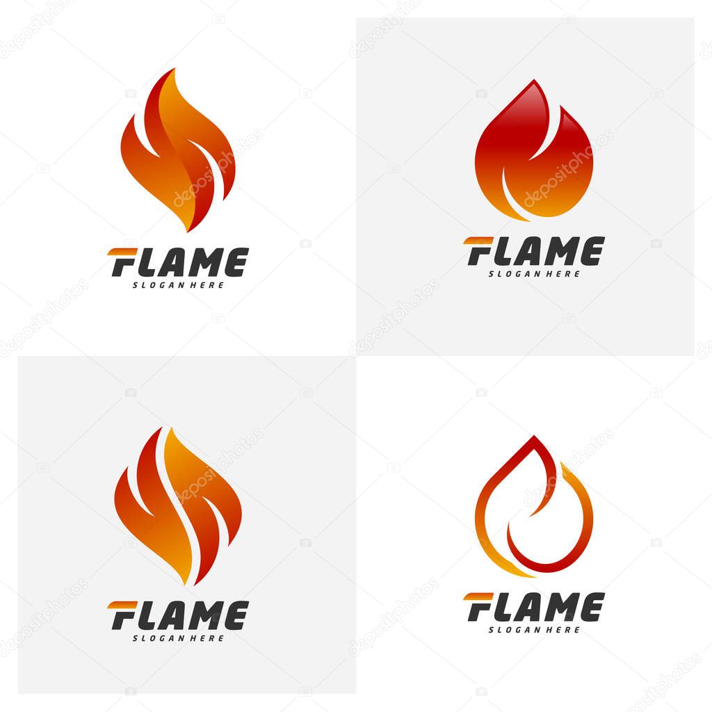 Set of Fire Flame Logo design vector template. Red drop Logotype concept icon.