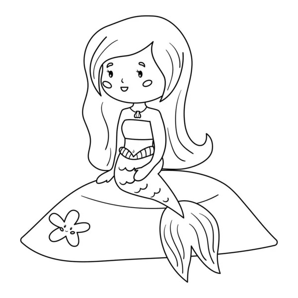 Desenho para colorir para crianças. Bonita sereia dos desenhos animados está sentado na rocha. Personagens kawaii vetores. Estrela-do-mar . —  Vetores de Stock