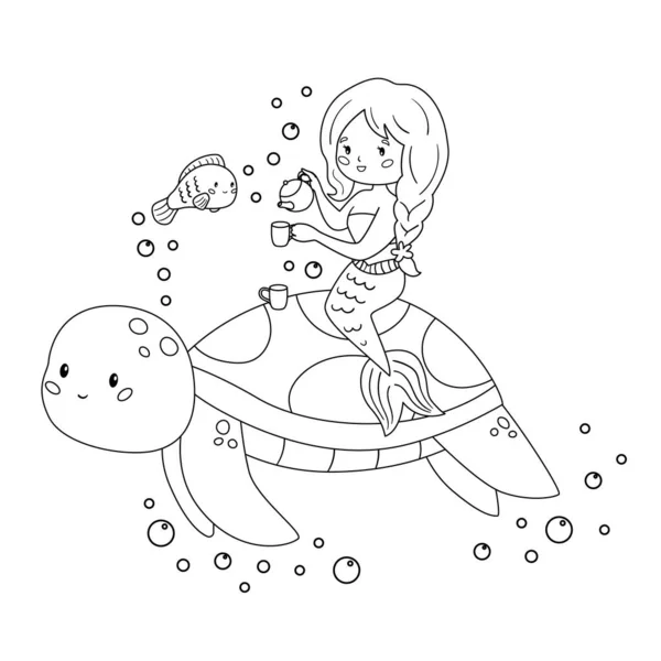 Libro para colorear para niños. Linda sirena de dibujos animados paseos en la tortuga. La sirena sostiene una tetera y una taza. Personajes vectoriales kawaii . — Vector de stock