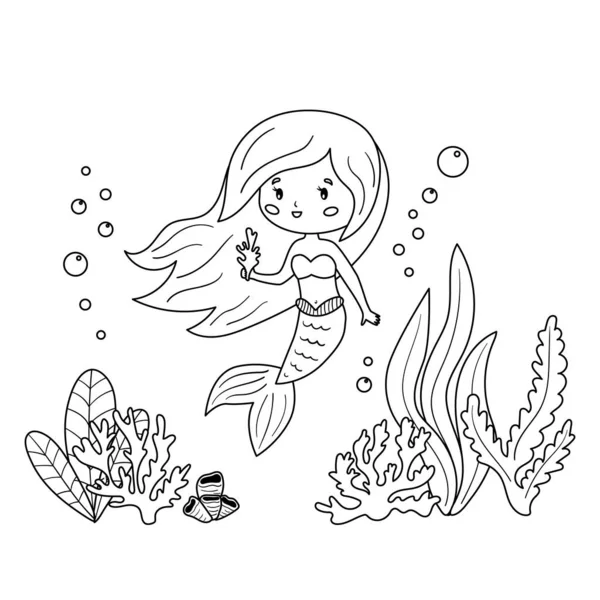 Desenho para colorir para crianças. Bonita sereia dos desenhos animados  está sentado na rocha. Personagens kawaii vetores. Estrela-do-mar . imagem  vetorial de kristina0702© 378224690