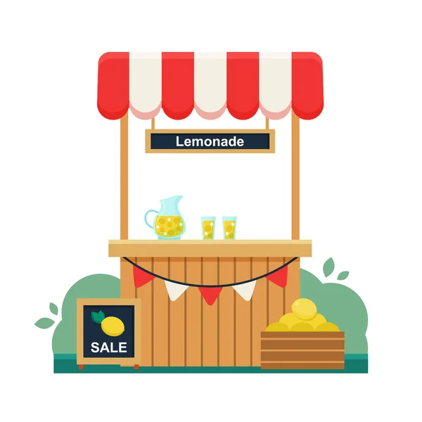 Limonata standı. Limon satışı için imza atın. Yaz serin içecekleri. Girişim işi. Çocuk vektör illüstrasyonu.