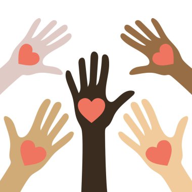 No racism concept. Different color skin. Human hands with hearts. Black lives matter. Vector illustration. clipart