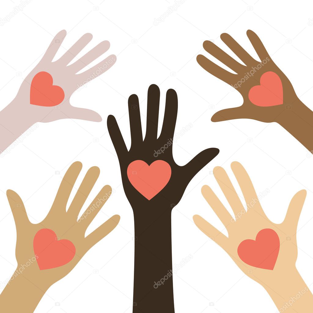 No racism concept. Different color skin. Human hands with hearts. Black lives matter. Vector illustration.