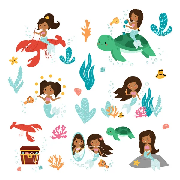 Conjunto vectorial de sirenita, peces, algas marinas y arrecife de coral. Kawaii dibujos animados sirenas afroamericanas . — Vector de stock