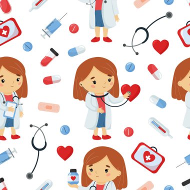 Tıbbi aletlerle çizgi film doktorunun çocuksu, kusursuz bir örneği. Kawaii karakteri. Çocukların sağlık hizmetleri hakkında.