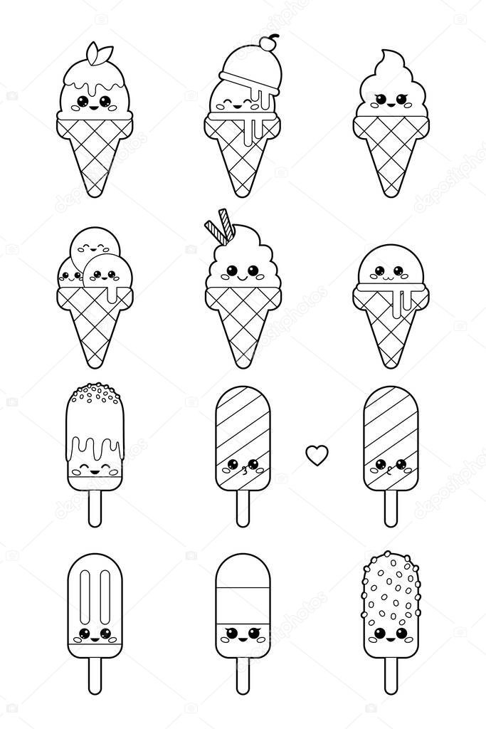 Set Of Cute Kawaii Ice Cream With Faces Coloring Page Or Book For Children ...