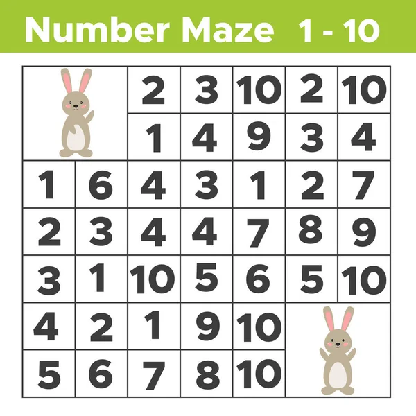 Número laberinto, juego de rompecabezas de matemáticas para los niños. Ayuda al conejo a encontrar a su amigo . — Archivo Imágenes Vectoriales