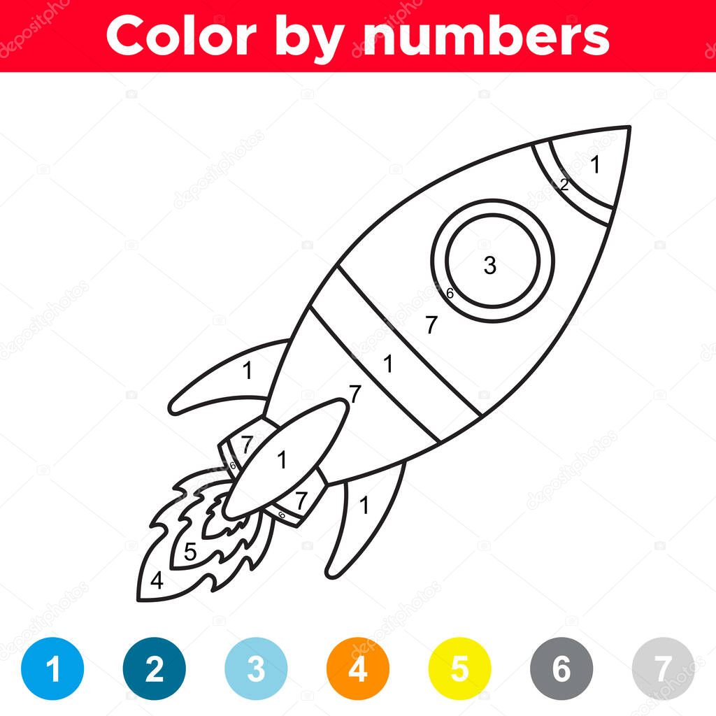 Coloring page with rocket. Space day. Vector illustration.