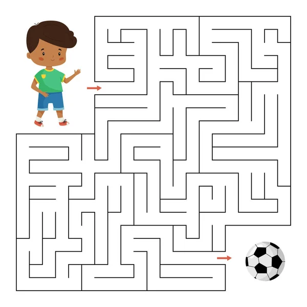 Anaokulu öğrencileri için eğitici labirent oyunu. Çocuğun futbol topuna giden yolu bulmasına yardım et. Çocuklar için bir labirent. Sevimli çizgi film vektör karakterleri.