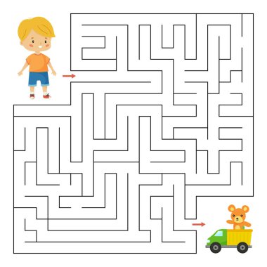 Anaokulu çocukları için labirent oyunu. Çocuğun oyuncaklarına doğru yolu bulmasına yardım et. Şirin kawaii vektör karakterleri. Çocuklar için çalışma tablosu.