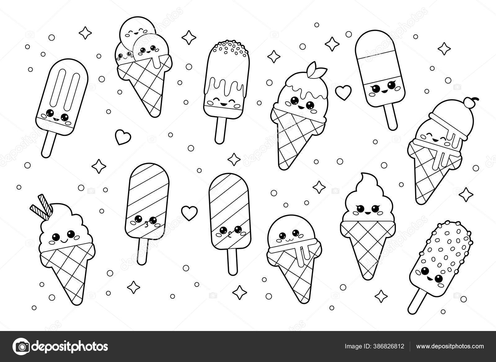 Conjunto de sorvete kawaii bonito com rostos. Desenho para colorir ou livro  para crianças e adultos.