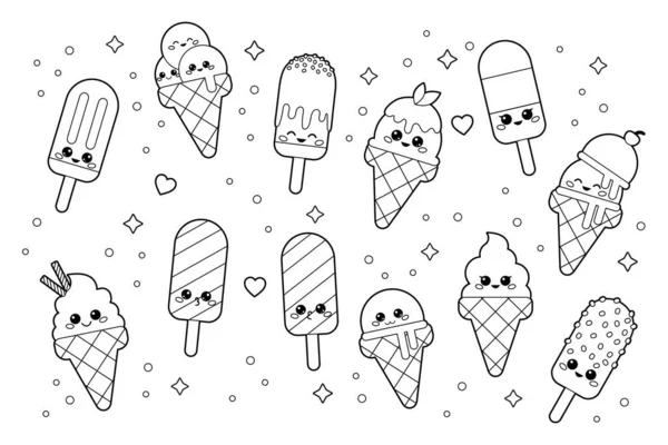 Cute Kawaii Set Ice Creams Coloring Page Adults Children Cartoon — Stock Vector