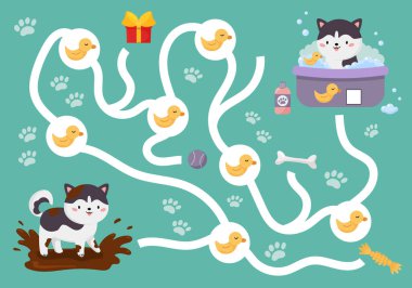 Anaokulu öğrencileri için eğitici labirent oyunu. Çamurlu su birikintisinde şirin kawaii Sibirya Husky 'si. Köpeğe banyo için sarı ördekleri bulmasında yardım et. Say ve yaz. Vektör çizgi film karakterleri. Etkinlik çalışma tablosu.