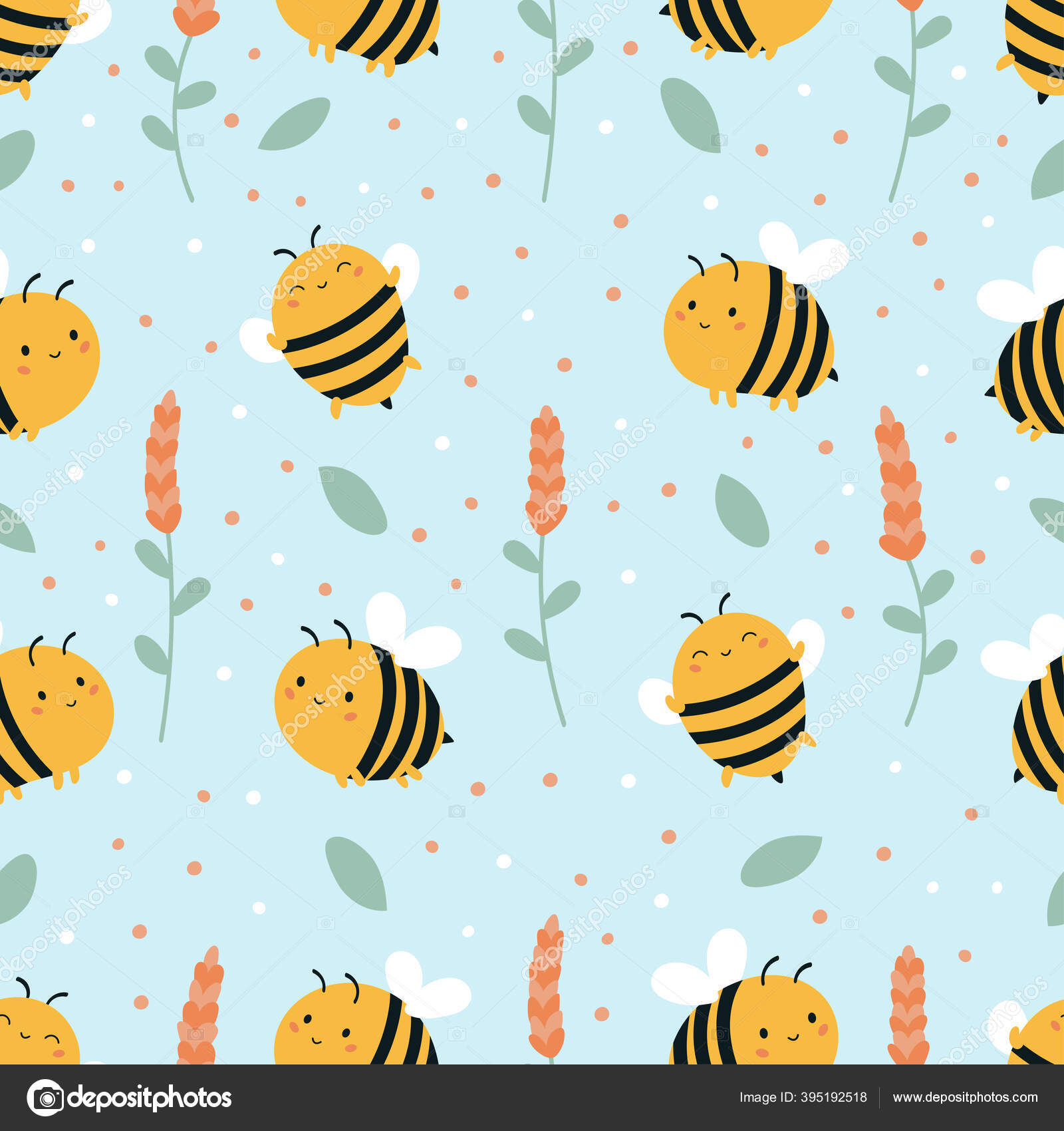 Patrón floral infantil sin costuras con lindas abejas kawaii de dibujos  animados, flores sobre fondo azul. Ilustración vectorial floral dibujada a  mano. Plantas de primavera y verano . Vector de stock #395192518, image size:1600x1700
