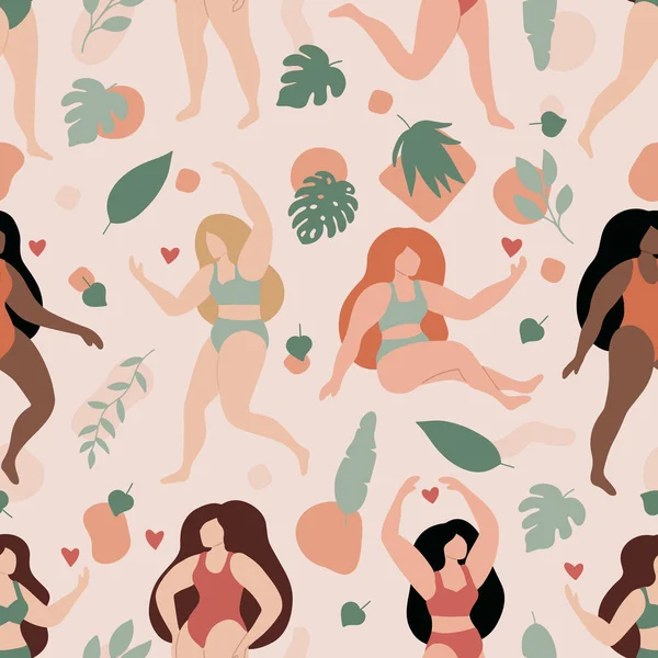 Modèle vectoriel sans couture avec les femmes et les feuilles tropicales. Formes géométriques abstraites. Couleurs pastel. Femmes en lingerie ou en bikini. Illustration tendance de style plat. — Image vectorielle