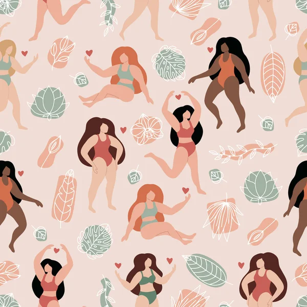 Modèle vectoriel sans couture avec de belles femmes en bikini et maillot de bain. Fleurs et feuilles tropicales dessinées à la main. Formes géométriques abstraites sur fond rose. — Image vectorielle