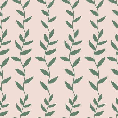 Dalları ve yaprakları olan vektör geriye dönük pürüzsüz desen. Pembe arka planda el yapımı bitkiler. Doodle sanatı. Kumaş baskısı, hatıra defteri, düğün davetiyesi ve tebrik kartı fikirleri.