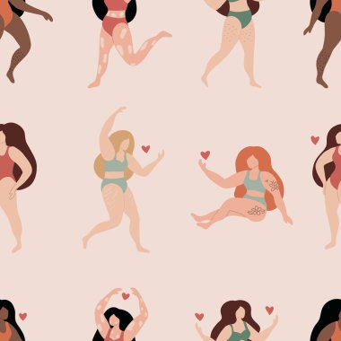 Mayolu ve bikinili güzel kadınlarla kusursuz bir şablon. Selülit, esneme izleri, bacaklarında saç ve dövmeleri olan vücut pozitifliği olan kızlar. Düz çizim. Pastel moda renkleri.