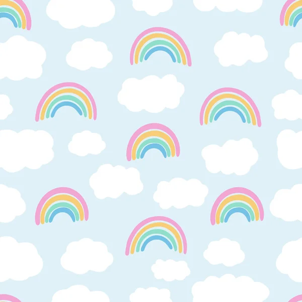 Patrón sin costura vectorial con cielo. Nubes dibujadas a mano y arco iris. Perfecto para vivero, estampado en telas y scrapbooking. Ilustración de Doodle. — Vector de stock