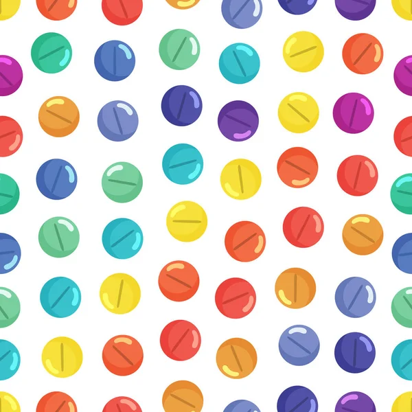 Nahtloses Medizinisches Muster Mit Regenbogenfarbenen Pillen Auf Weißem Hintergrund Cartoon — Stockvektor