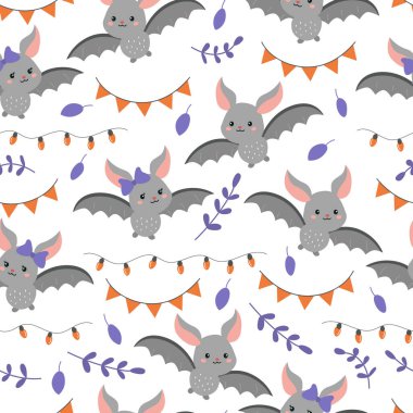 Çizgi film yarasaları ile çocuksu, kusursuz desen. Vektör Cadılar Bayramı illüstrasyonu. Parti için çelenkler ve bayraklar.