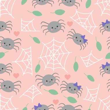 Cadılar Bayramı çocuklar için kusursuz bir örnek. Şirin örümcekler ve pembe arka planda ağ. Çizgi film karakterlerini karala.