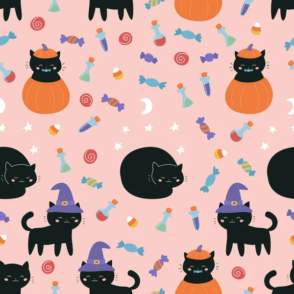 Padrão Infantil Sem Costura Halloween Gatos Negros Bonitos Com Chapéu — Vetor de Stock