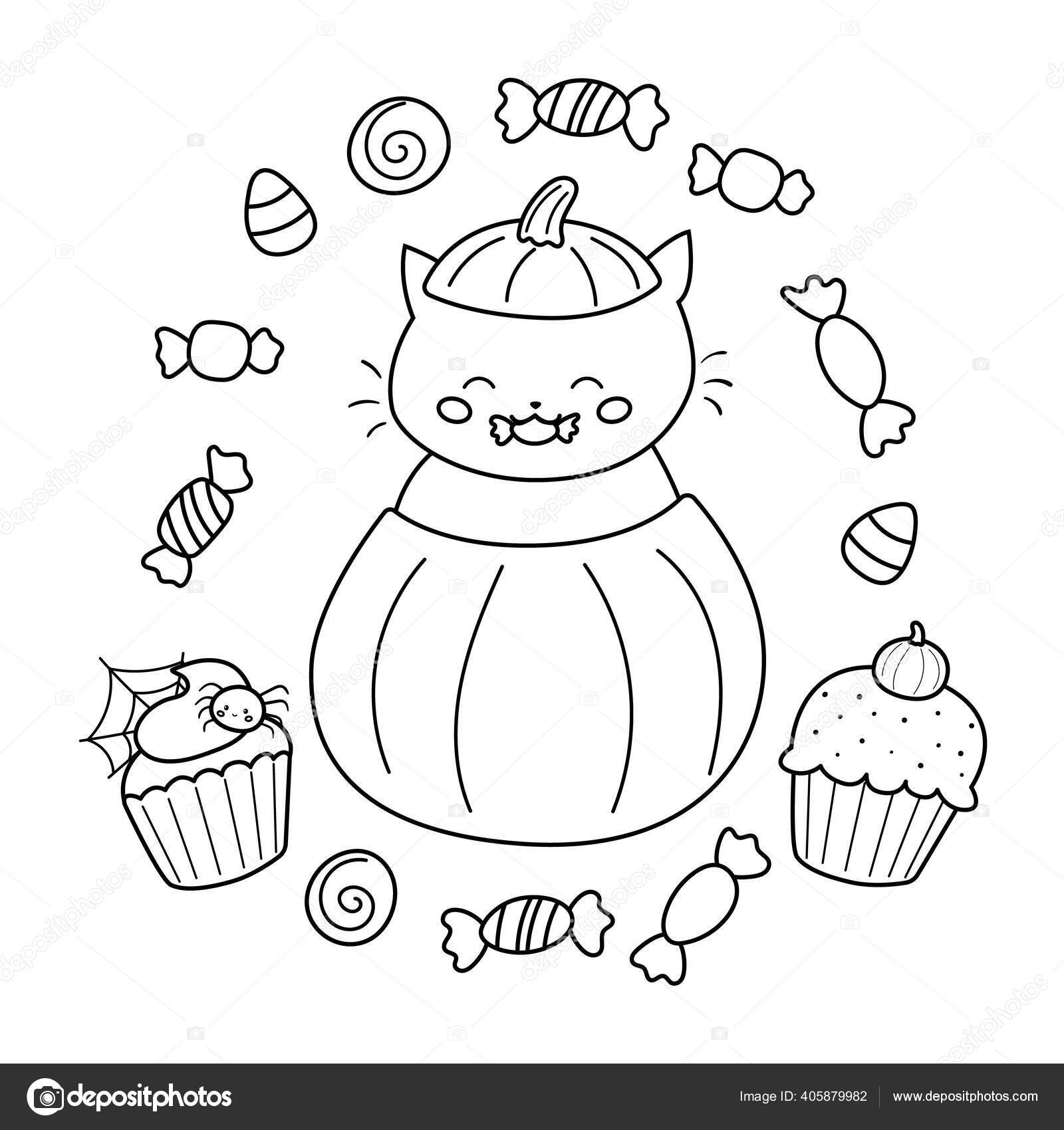 Halloween coloring page for children. Cute cartoon cat in pumpkin ...