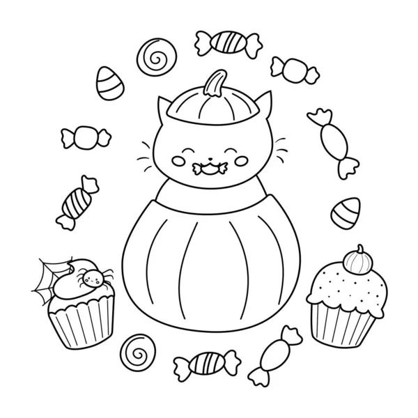 Página para colorir Halloween para crianças. Gato de desenho animado bonito em abóbora com doces. Caráter do contorno do vector. —  Vetores de Stock