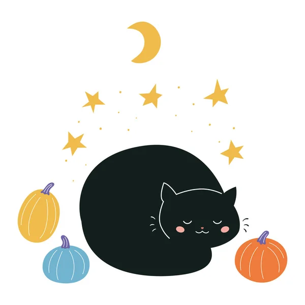 Χαριτωμένο καρτούν υπνηλία γάτα με κολοκύθες και αστέρια. Vector doodle εικονογράφηση στυλ για τα παιδιά. Χαρακτήρας Kawaii. — Διανυσματικό Αρχείο
