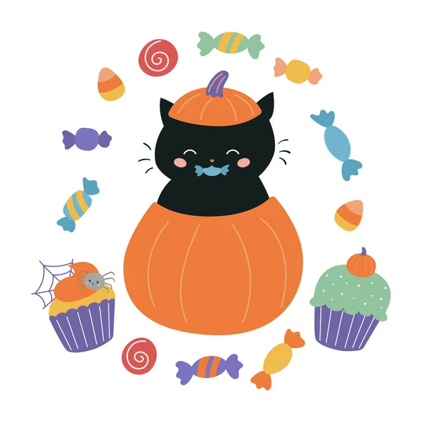 Kawaii Gato Negro Calabaza Con Caramelos Halloween Garabato Ilustración Para — Vector de stock