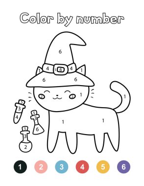 Anaokulu çocukları için rakamlara göre renk. Cadı şapkalı ve iksirli şirin Cadılar Bayramı kedisi. Kawaii çizgi film karakteri. Eğitim çalışma tablosu.