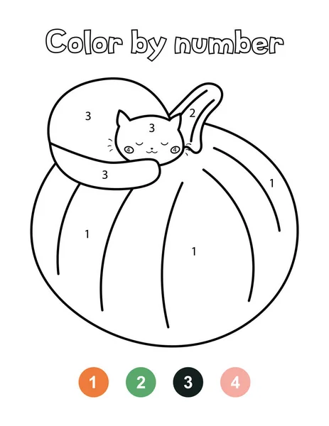 Color by numbers. Halloween educational activity worksheet. Cute cat is sleeping on pumpkin. — Stock Vector