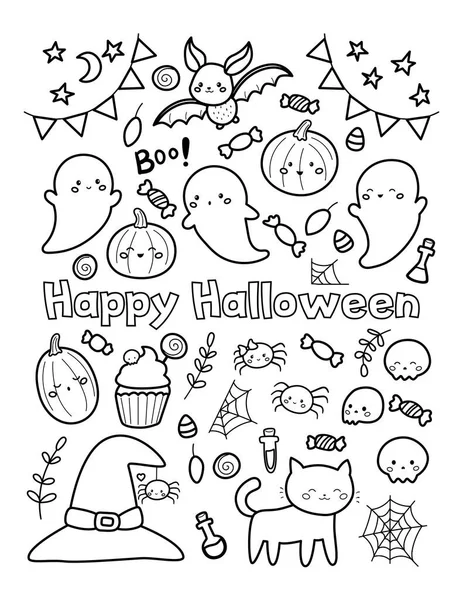 Happy Halloween Teckningar för barn uppkopplad. Söta doodle pumpor, spöke, fladdermöss, sötsaker och katter. Kawaii seriefigurer. — Stock vektor