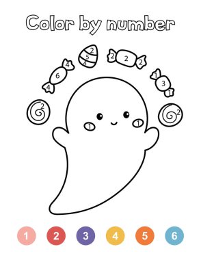 Anaokulu öğrencilerinin renklerine göre. Şekerli şirin çizgi film hayaleti. Cadılar Bayramı basılabilir çalışma tablosu. Boyama kitabı.