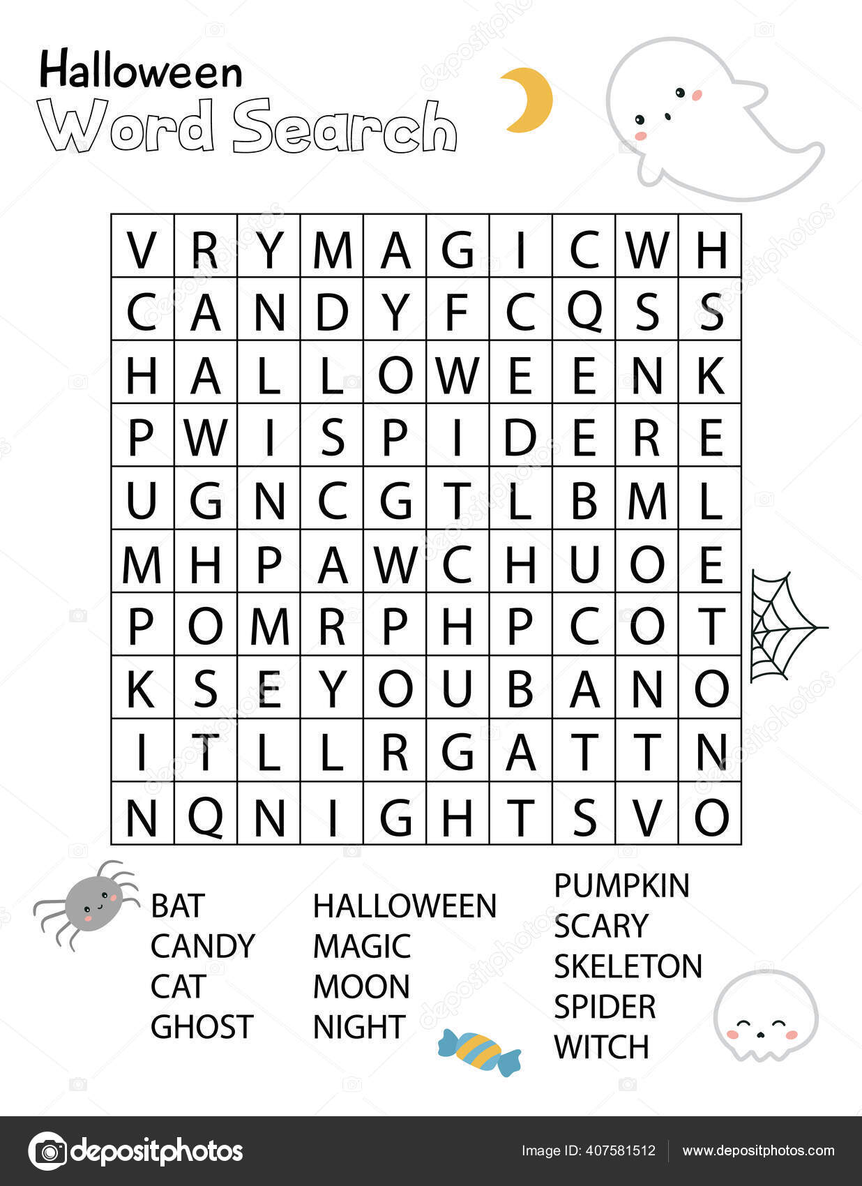 Vector halloween word scramble página de atividade jogo de língua