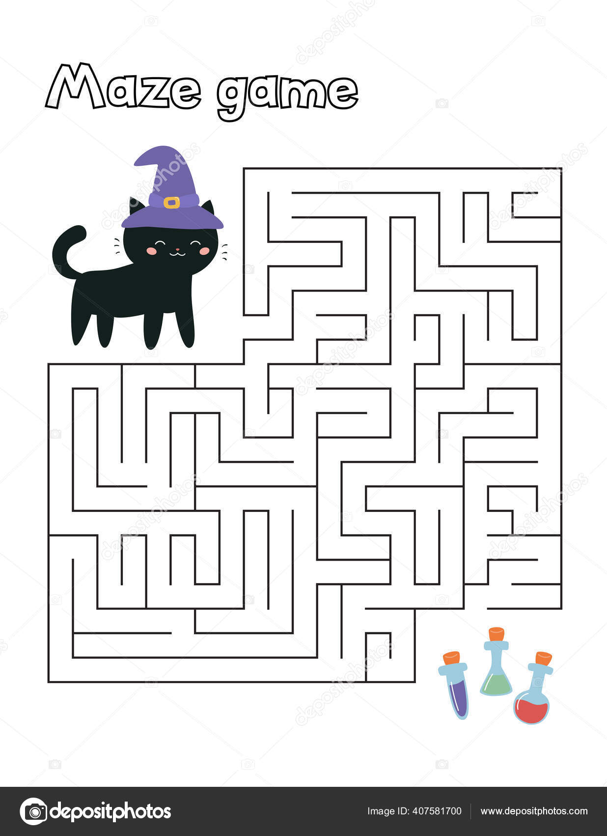 Ajude um gato preto a encontrar o caminho para a casa. jogo de labirinto de  halloween para crianças em estilo cartoon