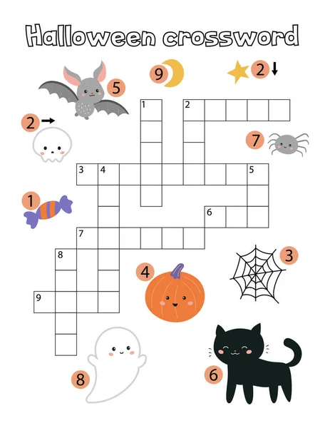 Juego de niños educacionales. Crucigrama de Halloween para niños. Aprender vocabulario en inglés. Hoja de trabajo imprimible. Fantasma de dibujos animados lindo, calabaza, gato negro, murciélago y araña. — Archivo Imágenes Vectoriales