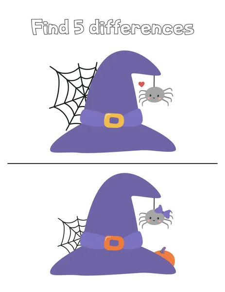Jogo educativo de Halloween para crianças. Encontre 5 diferenças. Aranha de desenho animado bonito e chapéu de bruxa. Ilustração vetorial. —  Vetores de Stock