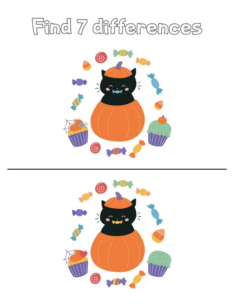 Encontre 7 diferenças. Jogo educativo de Halloween para crianças. Gato preto kawaii bonito na abóbora com doces. Personagem de desenho animado vetorial. —  Vetores de Stock